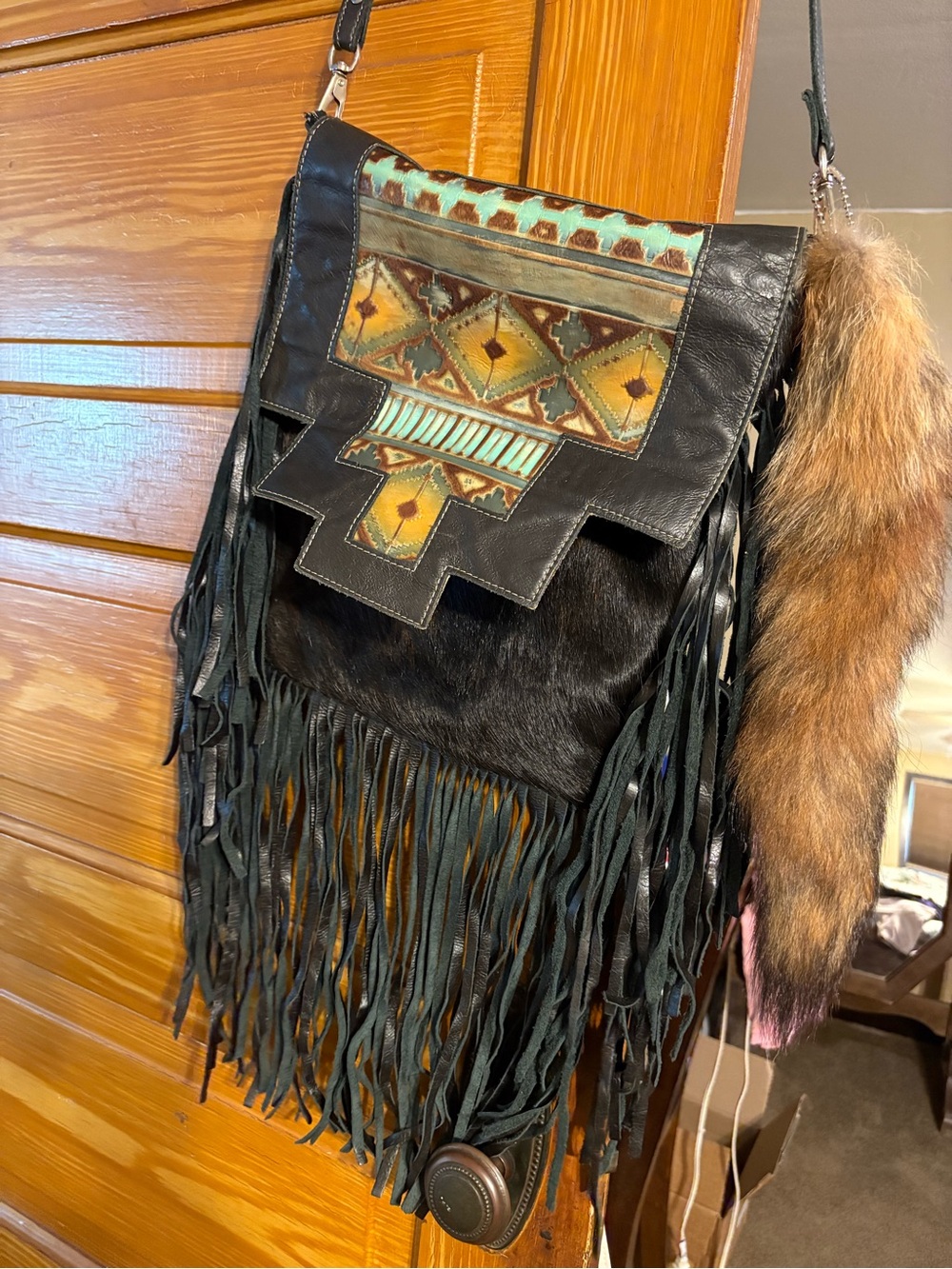 Black Leather Fringe Crossbody Bag with Aztec Accent
